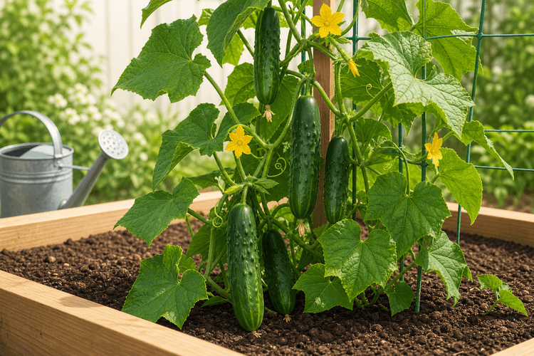 Cucumber vine with fresh cucumbers growing on a garden trellis