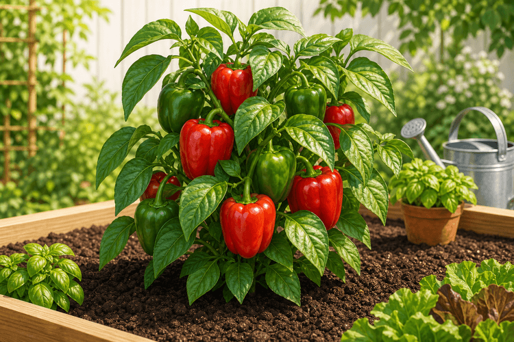 Pepper plant with colorful peppers in a vegetable garden bed